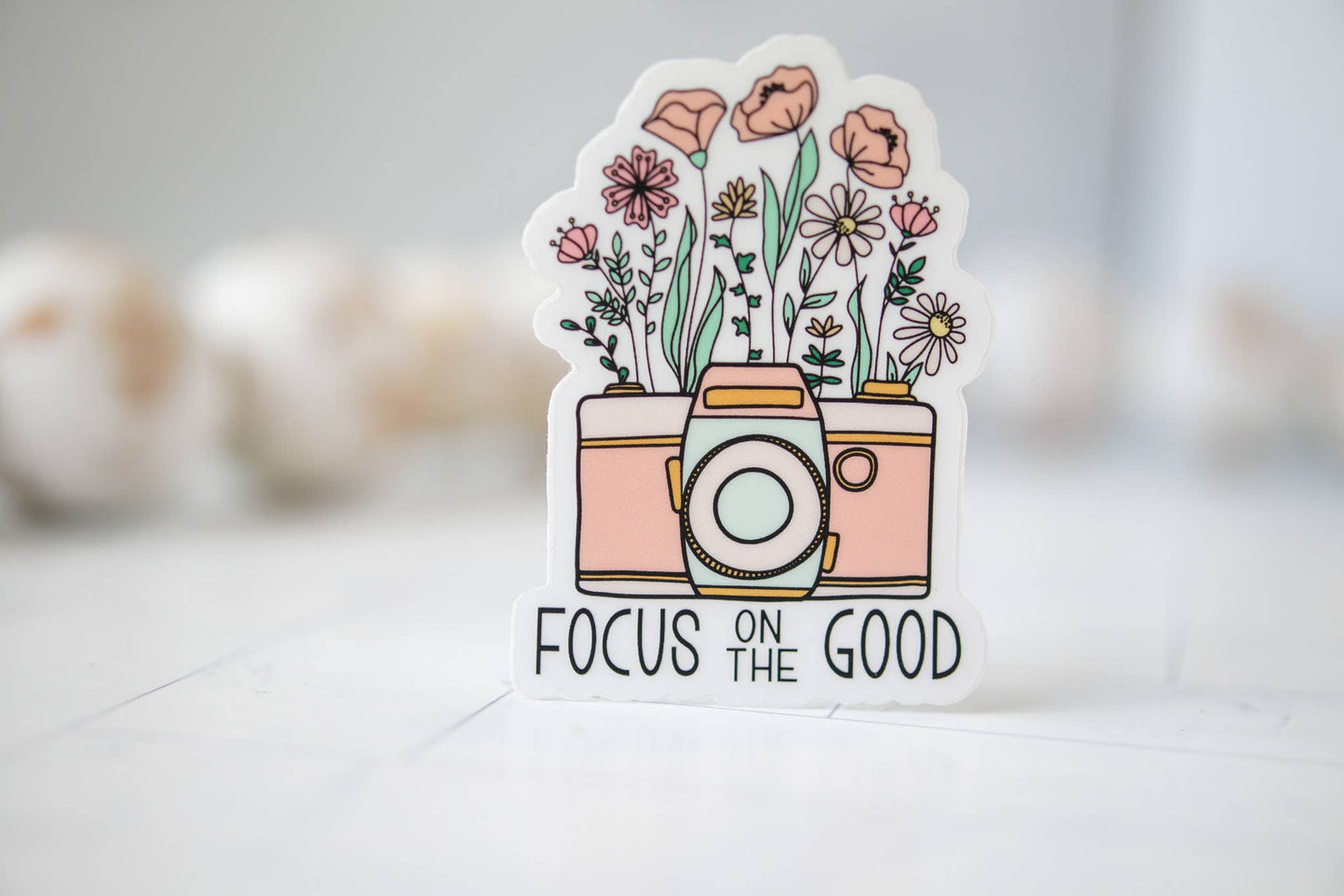 Focus On The Good, Retro Camera Vinyl Sticker, 3x3 in.