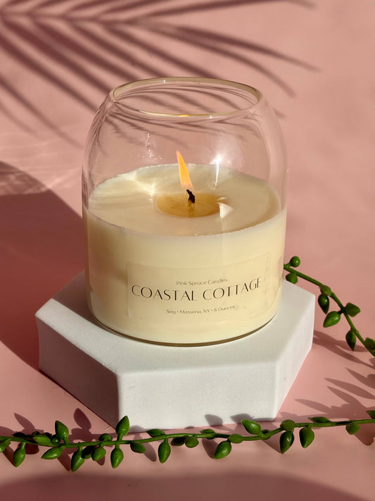 Hand poured Coastal Cottage cork ball top soy wax candle m