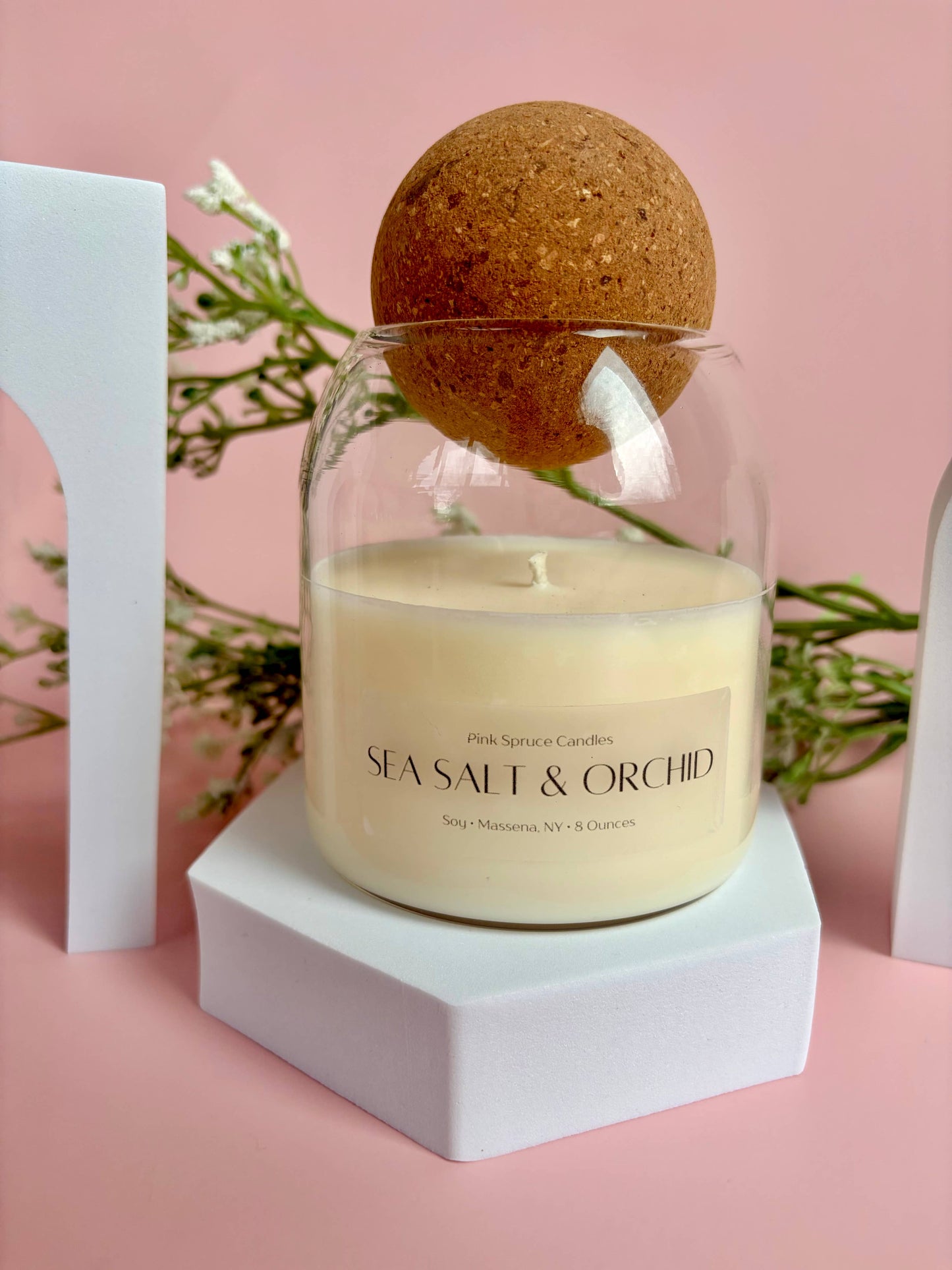 Handpoured Sea Salt & Orchid cork ball top soy candle 