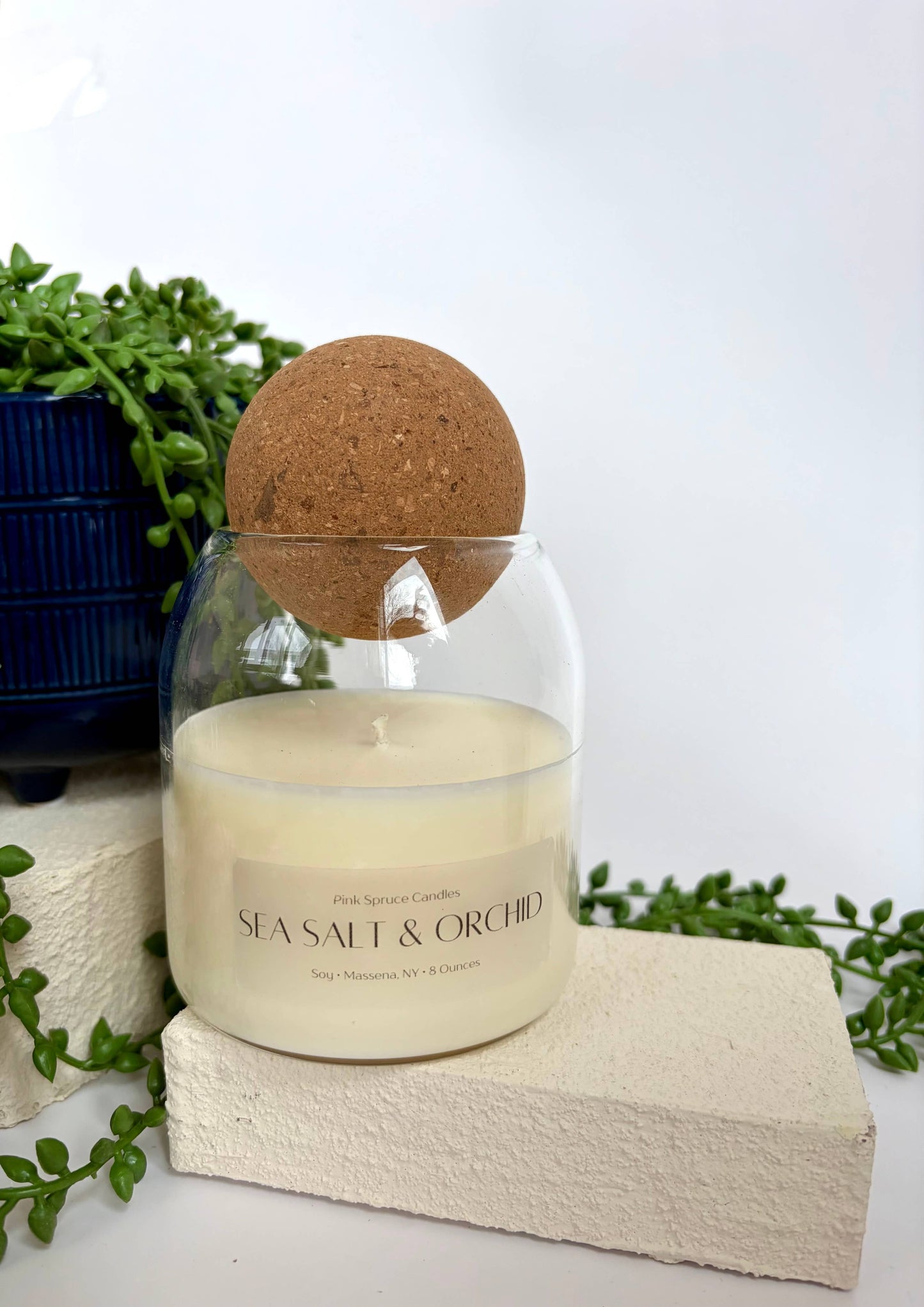 Handpoured Sea Salt & Orchid cork ball top soy candle 