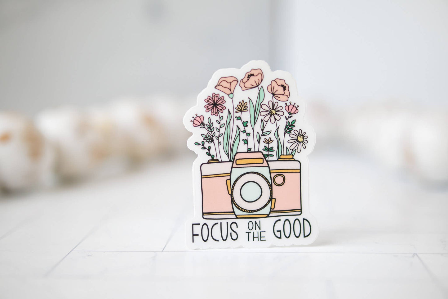Focus On The Good, Retro Camera Vinyl Sticker, 3x3 in.