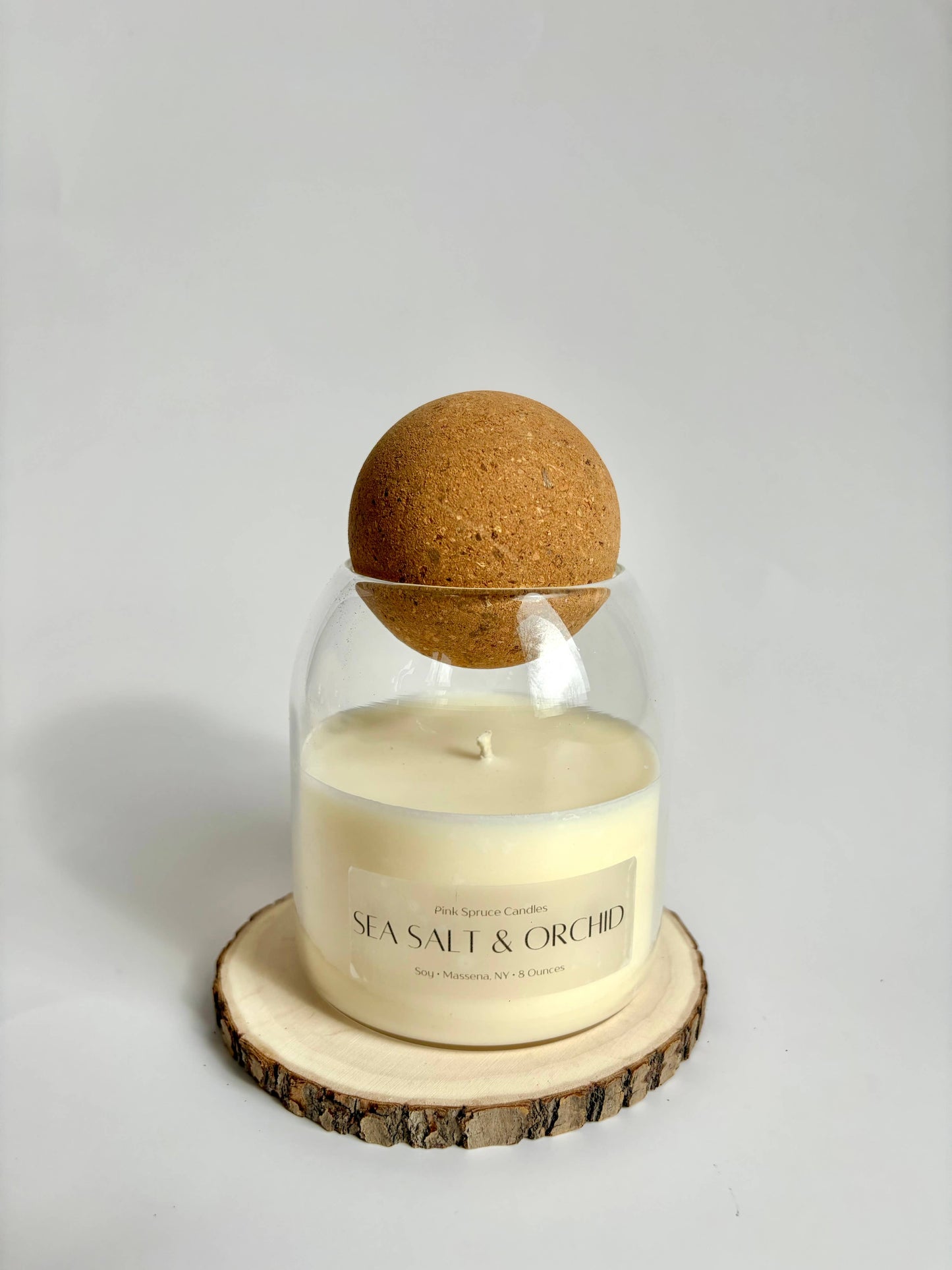 Handpoured Sea Salt & Orchid cork ball top soy candle 