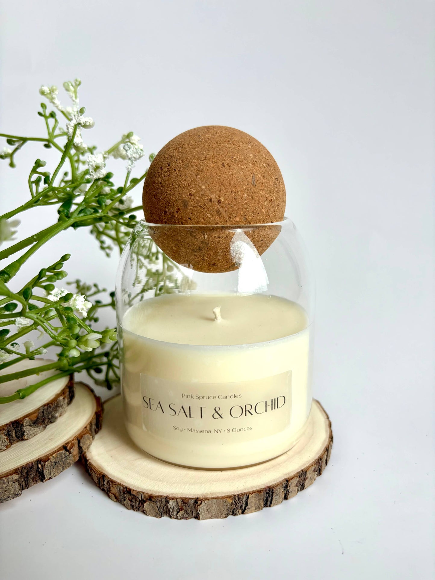 Handpoured Sea Salt & Orchid cork ball top soy candle 