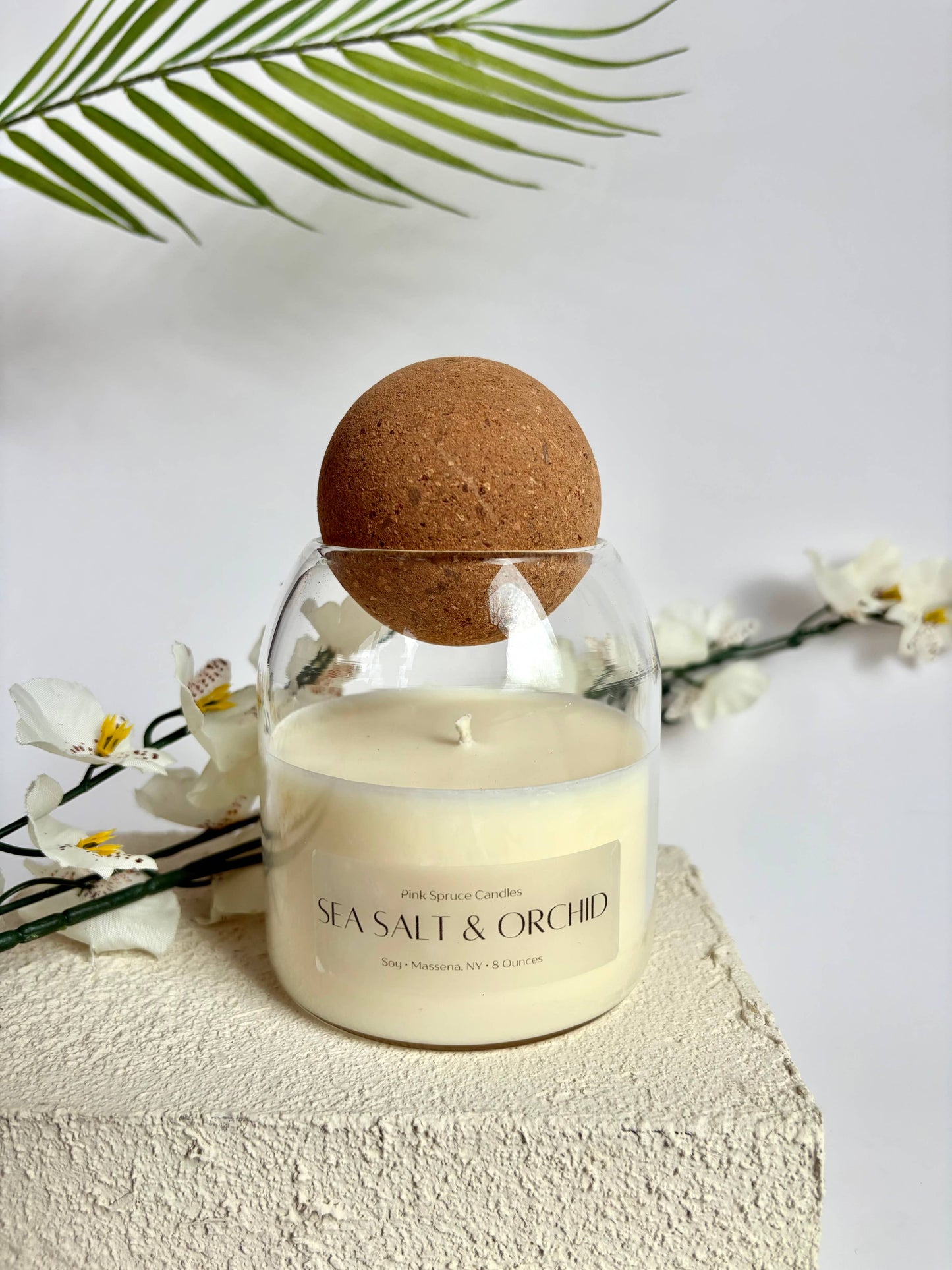 Handpoured Sea Salt & Orchid cork ball top soy candle 