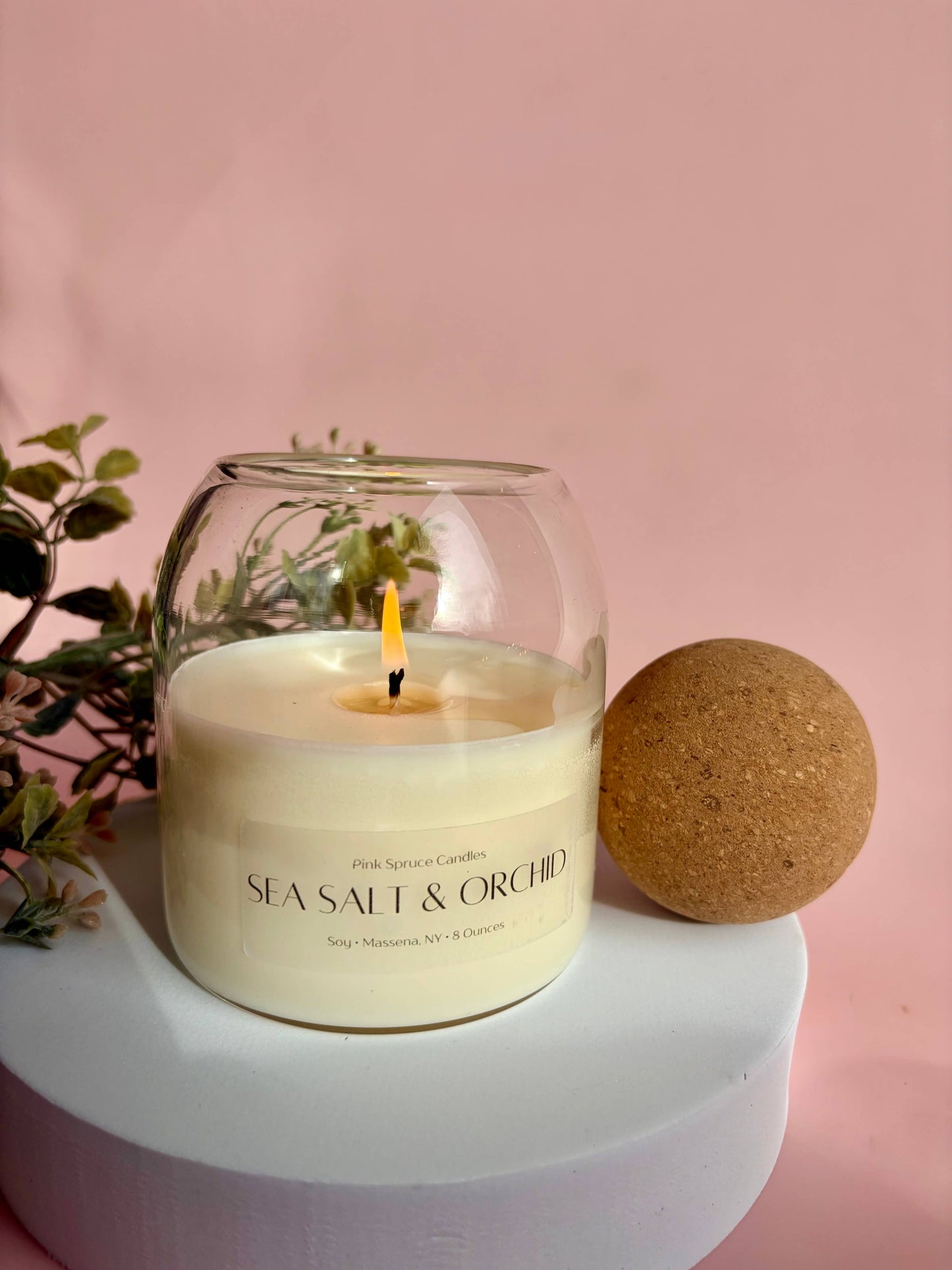 Handpoured Sea Salt & Orchid cork ball top soy candle 