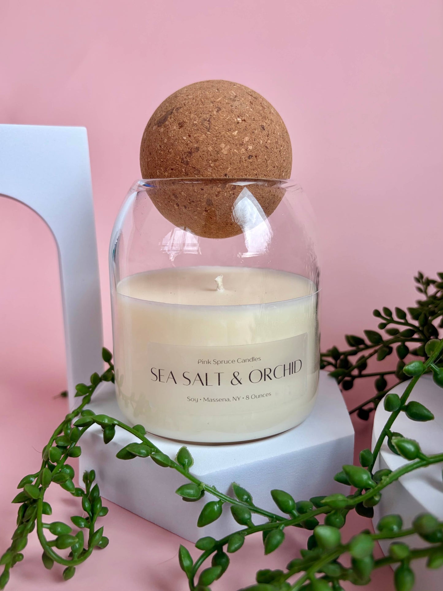 Handpoured Sea Salt & Orchid cork ball top soy candle 
