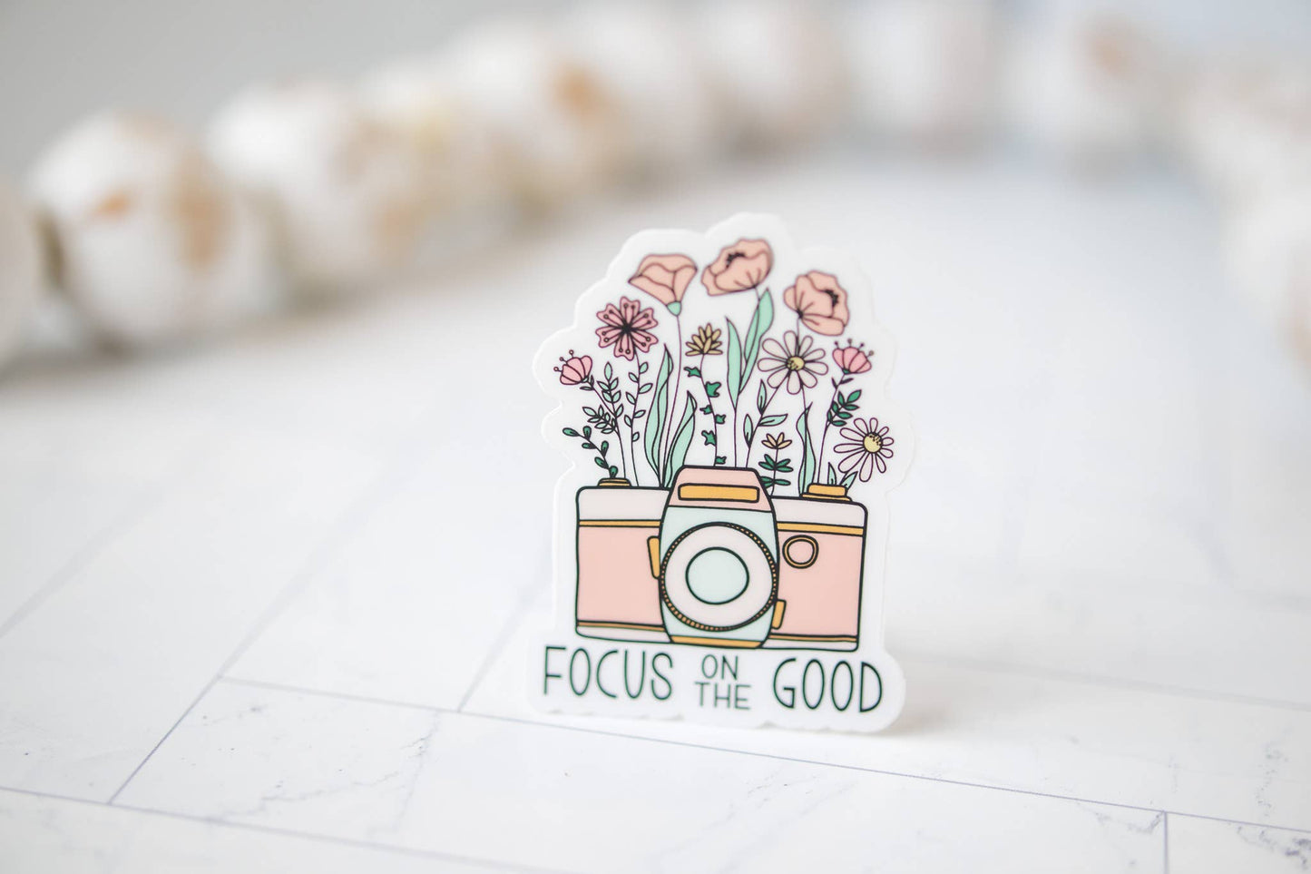 Focus On The Good, Retro Camera Vinyl Sticker, 3x3 in.
